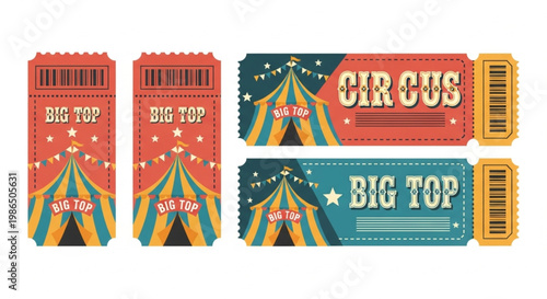 Tickets set, featuring the iconic big top tent, stars, and festive flags, perfect for carnival event promotions and retro themes circus 