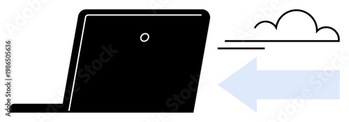 Cloud computing, data storage, file sharing, technology integration, remote access, online services. A laptop with a cloud icon and an arrow upload or connectivity. Cloud computing and data storage