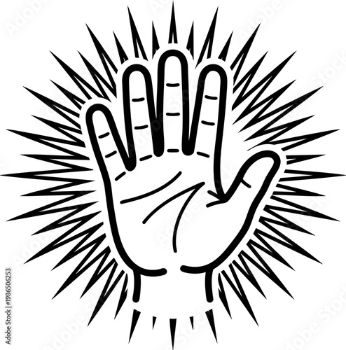Abstract spiked sunburst hand gesture outline vector isolated on transparent background.