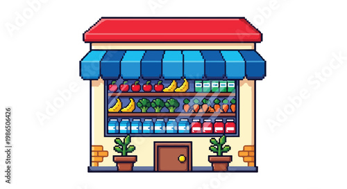 A charming pixel art illustration of a small grocery store building featuring fresh produce and beverages displayed in its large front window.