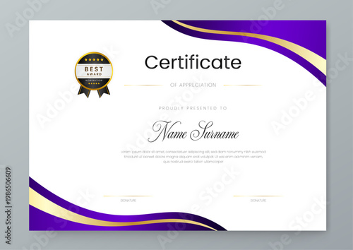 Obraz na płótnie Abstract wavy purple and gold certificate of appreciation for corporate awards a