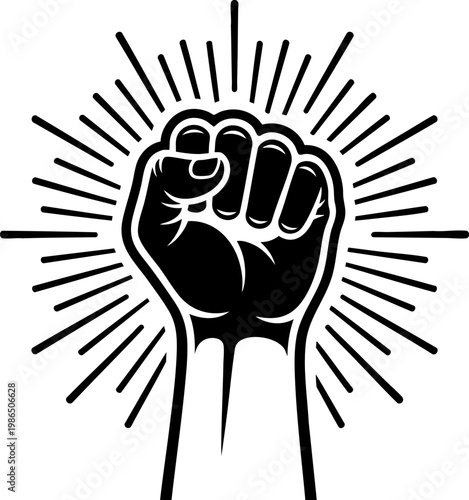Raised fist black and white vector illustration with radiating lines on transparent background.