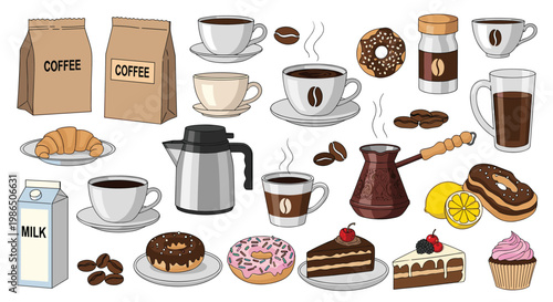 Large set of various coffee drinks, coffee beans, and delicious pastries like donuts and cakes in a flat vector style.