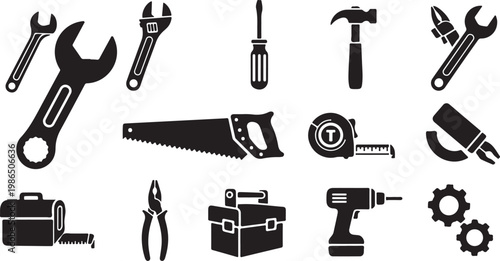 Collection of various black hand tools icons set