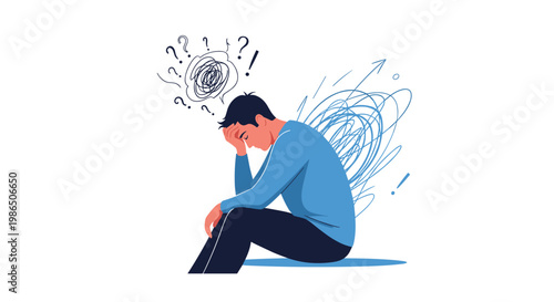 Depressed man sitting on the floor with chaotic thoughts and question marks above his head depicting mental health struggle.