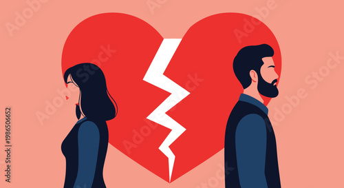 Man and woman standing back to back with a large red broken heart between them to symbolize relationship problems.