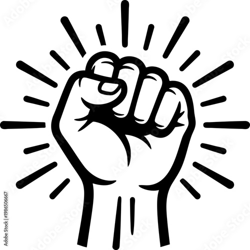 Raised fist black and white vector illustration with short radiating lines on transparent background.