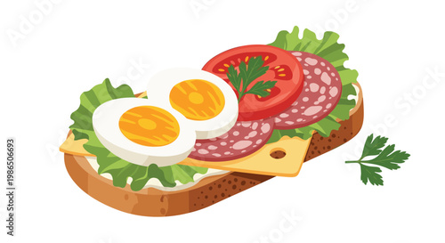 Delicious open face sandwich with whole grain bread, cheese, salami, boiled eggs, tomato, and fresh lettuce leaves.