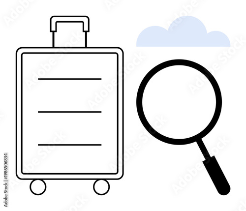 Travel search concept. Luggage and magnifying glass searching for travel plans, holiday inspiration, or itineraries. Travel search for tourism, exploration, booking, advice, planning