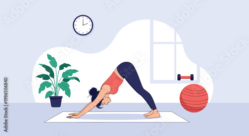 Young woman practicing the downward facing dog yoga pose on a mat in her cozy living room during a morning workout at home.