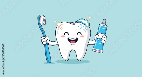 Cute and happy personified tooth character holding a blue toothbrush and a tube of toothpaste to promote dental health.