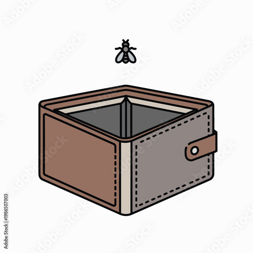 Empty brown wallet vector with fly concept for unemployment and bankruptcy