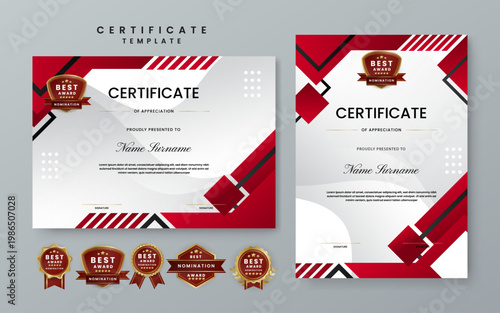 Modern certificate design with red and black geometric patterns including a set of golden nomination badges