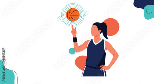 Athletic woman in a sports uniform spinning a basketball on her finger against a minimalist background with planetary ring symbols.