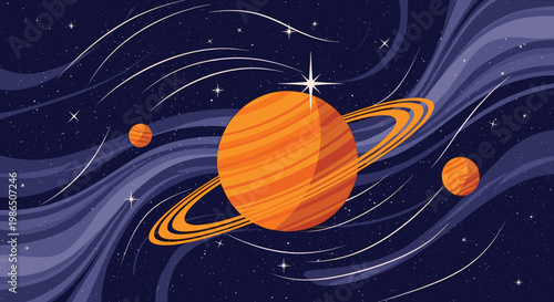 Detailed illustration of planet Saturn with its iconic rings floating in the vastness of space surrounded by stars and nebulae.