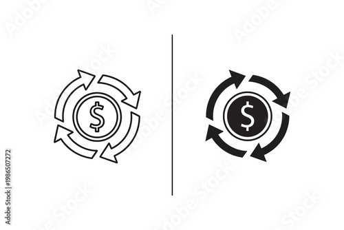 Dollar coin circular arrow icon, exchange and refund symbol, flat design vector illustration
