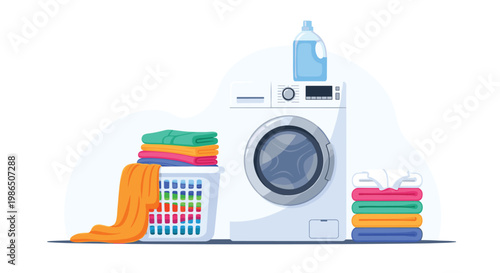 Organized laundry area featuring a white washing machine, baskets of colorful clothes, and a bottle of detergent for home chores.