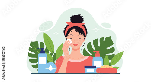 Beautiful young woman applying facial toner or lotion with cotton pad while standing in front of skincare products and green tropical leaves.