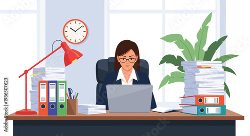 Stressed businesswoman working on laptop at office desk surrounded by huge piles of documents, folders, and paperwork under lamp light.