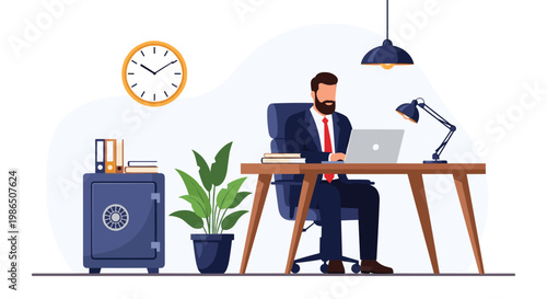 Professional businessman working on laptop late at night in private office with safe, wall clock, table lamp, and office folders.