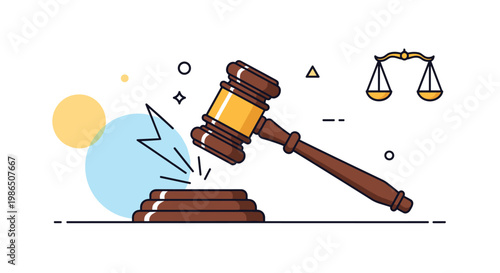 Judge legal wooden gavel striking sound block with justice scales symbol and abstract elements on white background for law concepts.