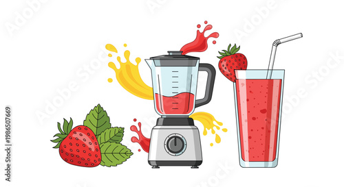Strawberry smoothie preparation with electric blender, fresh strawberries, splashing red juice, and full glass with straw on white background.