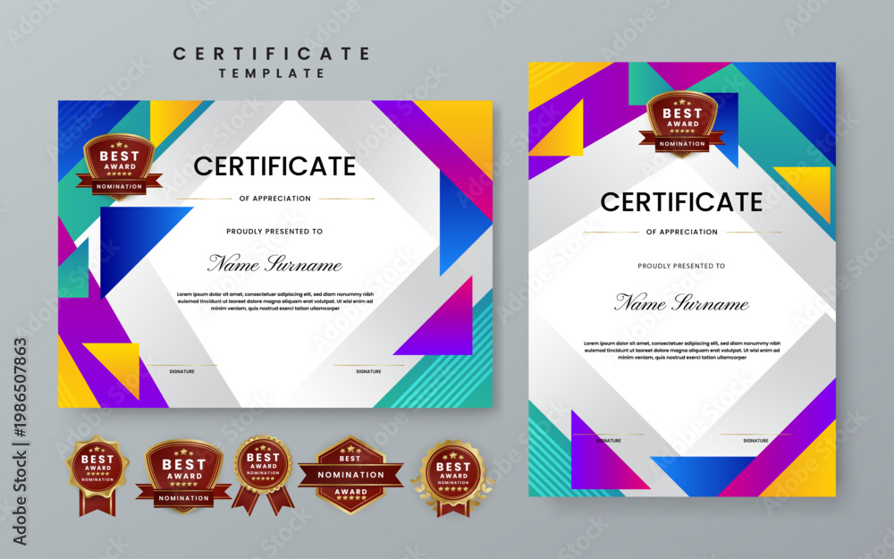 Fototapeta premium Modern certificate template bundle featuring bold geometric triangles and blue purple gradients