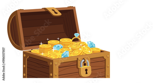 Open wooden treasure chest filled with gold coins, precious diamonds, and a luxury gold ring isolated on plain white background.