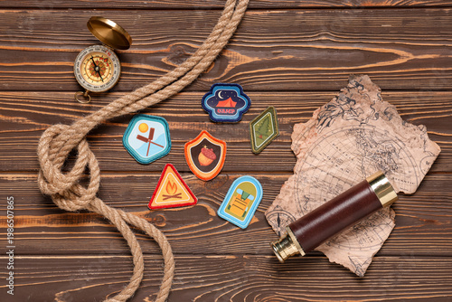 Scout badges with rope, map...