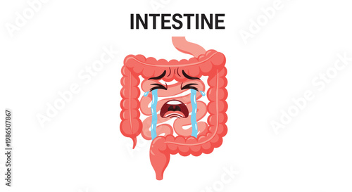Cartoon human intestine character with crying facial expression and tears representing digestive problems, pain, and health issues.