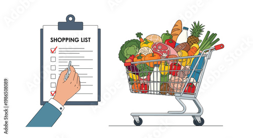 Hand checking items on a shopping list clipboard next to a full grocery cart filled with fresh fruits, vegetables, and food.