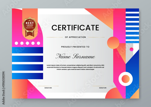 Professional landscape certificate featuring colorful geometric patterns abstract shapes and minimalist layout