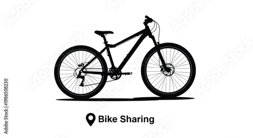 Black silhouette of a mountain bike with Bike Sharing text and location icon on plain white background for city transport concepts.