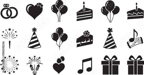 Black and white party celebration icons and symbols