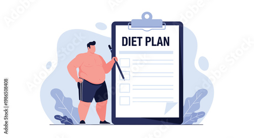 Overweight man standing next to a large clipboard with a diet plan to start his healthy lifestyle journey for weight loss and fitness improvement.