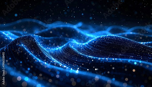 An abstract digital landscape of flowing, sparkling blue particle waves and fine lines across a dark, starry cosmic background.