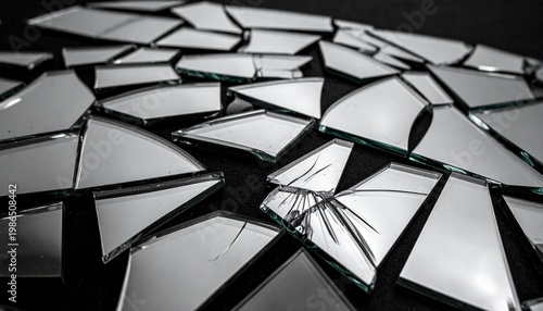 Scattered pieces of broken glass and sharp mirror shards reflecting a deep black surface in a macro photograph.
