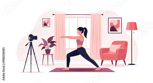Young woman practicing yoga in a cozy living room while recording a video tutorial with a professional camera on a tripod for social media.
