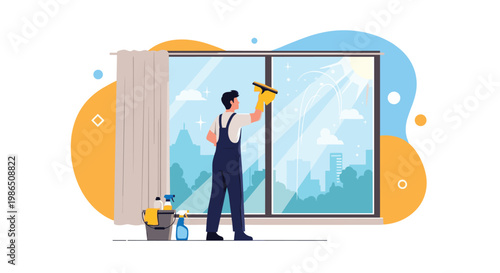 Professional window cleaner using a squeegee to wash a large window in a modern building with a clear city skyline in the background.