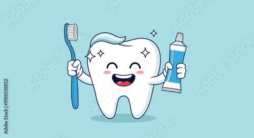 Cheerful cartoon tooth mascot holding a toothbrush and tube of toothpaste to encourage kids to maintain healthy dental habits every day.