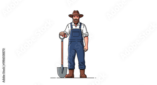 Traditional farmer wearing overalls and a hat standing with a shovel to represent agricultural work and rural lifestyle on a white background.