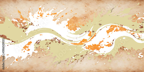 Abstract floral grunge background featuring a colorful watercolor paint splash texture with artistic ink splatters and orange autumn leaf patterns in a decorative vector illustration design