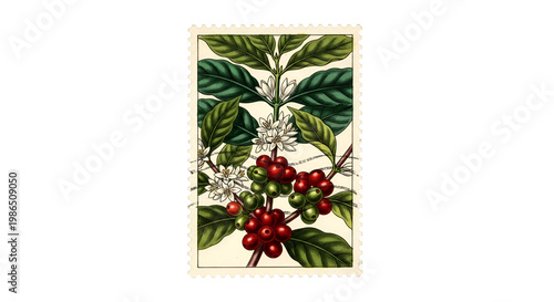 Botanical illustration of coffee plant with green leaves white flowers and ripening red berries on a cream colored background