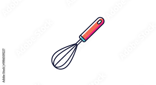 Simple kitchen whisk with a colorful handle used for mixing ingredients in baking and cooking activities for making delicious meals at home.