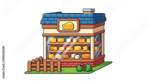 This is a cute vector illustration of a cheese shop featuring a blue roof, glass windows filled with various cheeses, and a small wooden fence.