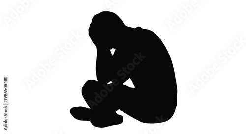 Vector graphic illustration depicting a pensive silhouette of an individual sitting alone, hunched over with head in hands, symbolizing deep sorrow, stress, and emotional struggle.