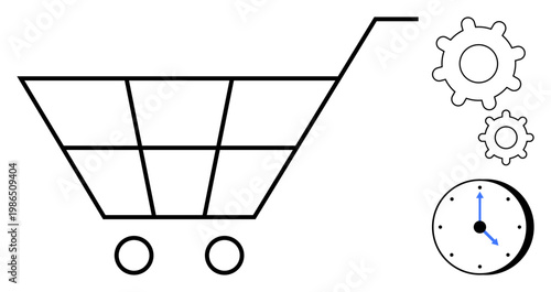 E-commerce, automation, time efficiency, online shopping, business processes, workflow management. A shopping cart, two gears and a clock icon. E-commerce and automation thematic concept