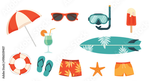 Colorful collection of summer holiday essentials including a surfboard, umbrella, sunglasses, and snorkeling mask for a perfect day at the beach.
