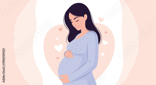 Beautiful pregnant woman gently touching her baby bump with a loving expression and a heart in the background to celebrate the journey of motherhood.