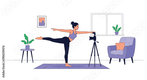 Athletic woman performing a yoga pose in her living room while recording a fitness video for her online audience using a camera and tripod.